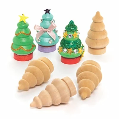 Image of Baker Ross FC226 Mini Wooden Christmas Trees Pack of 8, Wood Shapes, Crafts to Make and Decorate, Your Own Decorations