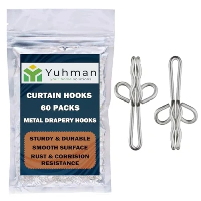 Image of Yuhman 60 Pack Metal Curtain Hooks 2.8cm x 1.3cm Header Tape Drapery Premium &amp; Heavy Duty Ideal for Windows, Doors Shower Curtains.