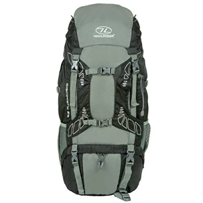 Image of Highlander Discovery Rucksack Lightweight 45L, 65L &amp; 85L Hiking Backpack with Waterproof Cover Ideal for Walking, Travelling, Trekking, Camping and D of E (Black, 85L)