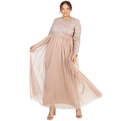 Image of Maya Deluxe Women&#039;s Embellished Long Sleeve Maxi Dress Bridesmaid, Taupe Blush, 6
