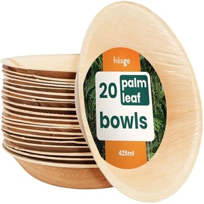 Image of HAAGO 20 Eco Friendly Palm Leaf Bowls Compostable Like Wooden &amp; Bamboo for Hot Cold Food, Microwave Freezer Safe Disposable Tableware, Alternative to Paper 425 ml Biodegradable