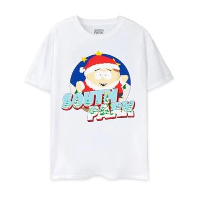 Image of South Park Mens Christmas T Shirt Adults Eric Cartman Santa Graphic Tee in White Short Sleeve Crewneck Top Seasonal Classic Cartoon TV Show Funny Holiday Apparel Gift for Him