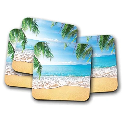Image of 4 Set Tropical Beach Coaster Sand Sun Holiday Palm Tree Fun #8557