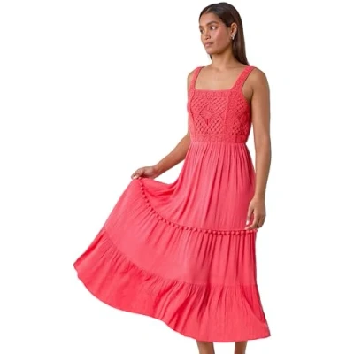 Image of Roman Womens Crochet Detail Cotton Blend Maxi Dress Red Size 14 UK