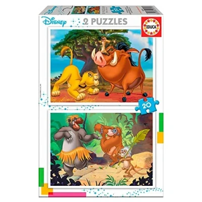 Image of Educa 18103 Disney Animals Rey Leon, el libro de la selva, simba, baloo 2 Puzzles x 20 Pieces, Multicoloured