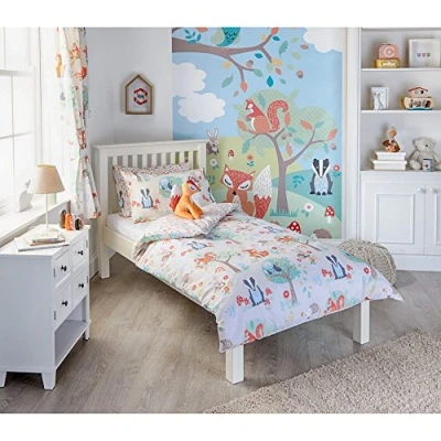 Image of Riva Paoletti Kids Woodland Pencil Pleat Curtains (Pair) Green and Cream Matching Tiebacks Machine Washable 168cm width x 183cm drop (66&quot; 72&quot; inches) Designed in the UK