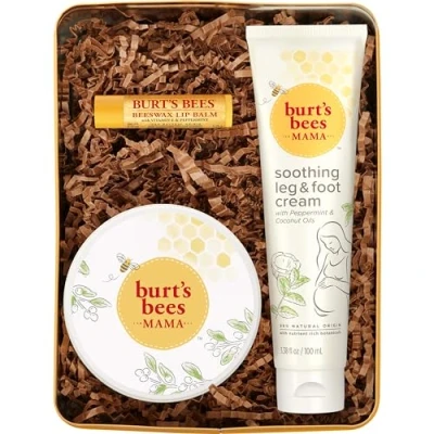 Image of Burts Bees Mama Bee Gift Set with Tin, 3 Pregnancy Skin Care Products Leg &amp; Foot Cream, Belly Butter and Original Beeswax Lip Balm