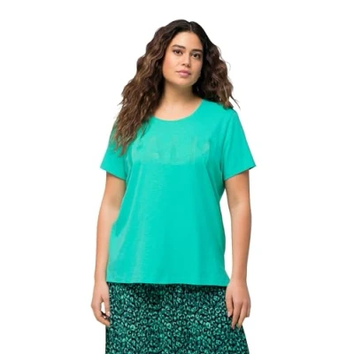 Image of Ulla Popken Women&#039;s T Shirt with Lettering, Regular 829260, Turquoise Green, 16 UK/18 UK