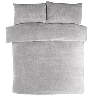 Image of Sleepdown Teddy Fleece Duvet Cover Quilt Bedding Set with Pillow Cases Thermal Warm Cosy Super Soft King Grey