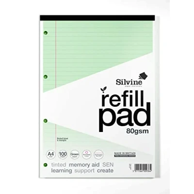 Image of Silvine A4 Green Paper Dyslexia Refill Pad Lined with Margin (100 Pages)