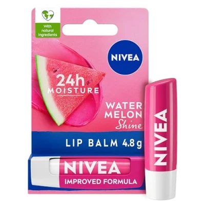 Image of NIVEA Watermelon Shine Lip Balm (4.8g), Flavoured with Shea Butter, Natural Oils and Vitamins, Provides 24h Moisture a Pink Shine, Vegan Care Formula