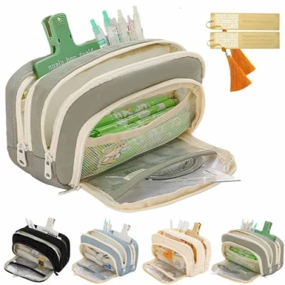 Image of CLOUDEMO Big Capacity Pencil Case, 3 Compartments Simple Storage Aesthetic Large Pouch, Kawaii Case Organizer for Women and Girls (Green)