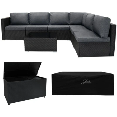 Image of Rattan Garden Furniture Modular 7 Piece Set &amp; 700L Storage Box Black 5 Seater Sofa Sectional Chairs With Cushions Coffee Table Waterproof Lining Chest Gas Lift Lid Wheels Outdoor Rain Cover