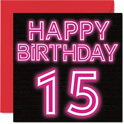 Image of Fun 15th Birthday Cards for Boys Girls Neon Glow Happy Card Son Daughter Brother Sister Grandson Granddaughter Niece Nephew, 145mm x Greeting Cards,