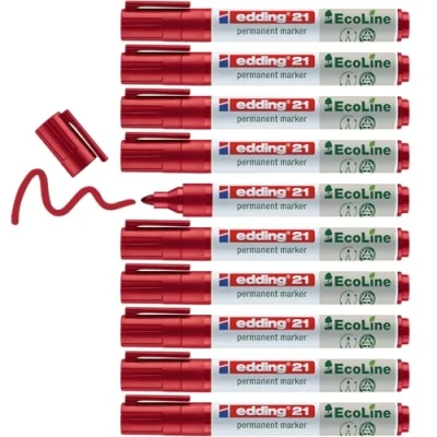 Image of edding 21 Ecoline permanent marker red box of 10 round tip 1.5 3 mm waterproof, quick drying, smear proof pens for cardboard, plastic, glass, wood, metal and fabric refillable