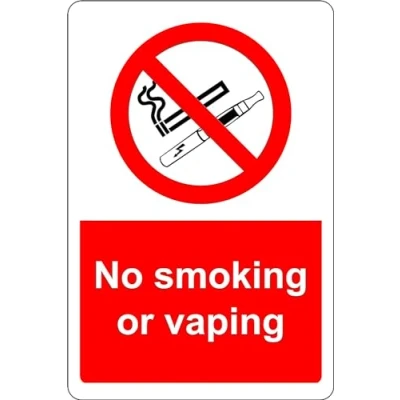 Image of No smoking or vaping e cigarette Safety sign 1.2mm Rigid plastic 300mm x 200mm Case (Pack of 10)