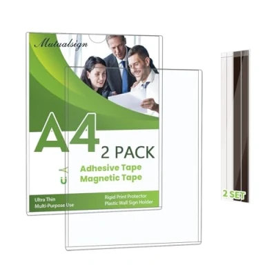 Image of Set of 2, Wall Sign Holder A4 Magnetic Holder, Rigid Print Protectors with Adhesive &amp; Tapes, Mount Plastic Paper for Office Store Home Window Display