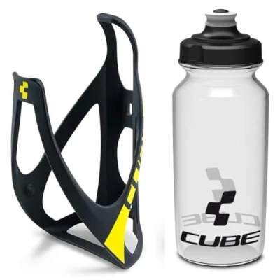 Image of Cube HPP Cage Matt Black/Yellow &amp; Icon Bottle Clear, 500ml / Water Drink Flask Vessel Bidon Holder Mount Bracket Kit Lightweight Plastic Drinking Hydration Biking Bike Riding Frame Accessories