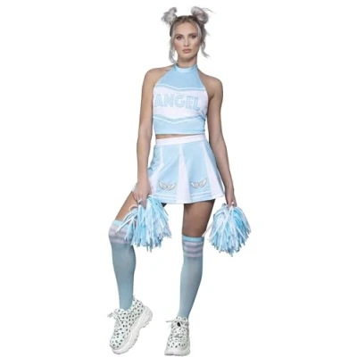 Image of Smiffys Fever Angel Cheerleader Costume, Blue Top, Skirt, Socks, Pom Poms, Fancy Dress, Dress Up Costumes