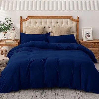 Image of AMEHA King Size Duvet Cover Sets Plain Dyed Navy Blue Quilt Bedding with Pillowcases Soft &amp; Breathable Microfibre Bed Set