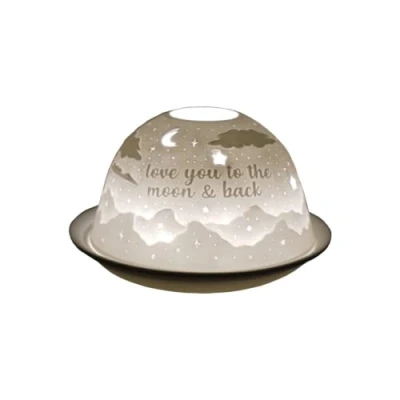 Image of Cello Porcelain Tealight Holder Dome, To The Moon and Back Design, a Stunning Candle Projecting Loving Message. Love You Gifts,