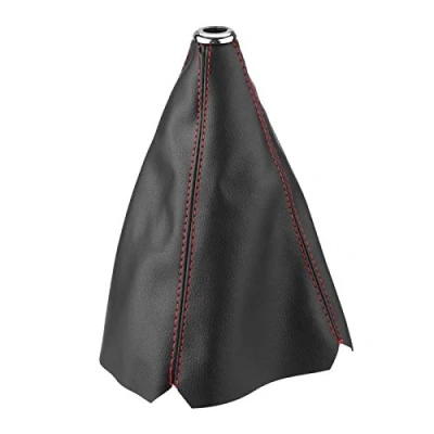 Image of Gear Stick Cover,Universal Bright Black PU Leather Shift Knob Cover Red Stitch Gaiter Boot