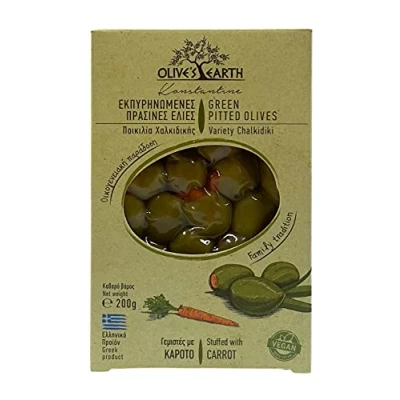 Image of Olive&#039;s Earth Greek Green Pitted Olives Stuffed with Carrot Chalkidiki Variety, Pack of 4 x 200g (Total: 800g)