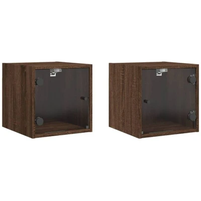 Image of vidaXL Bedside Cabinets with Glass Doors 2 pcs Brown Oak 35x37x35 cm