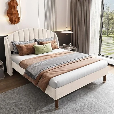Image of ＭodernLuxe Upholstered Double Bed, 4FT6 Bed Frame with Slatted and Headboard, Additional Support Feet, Classic Youth Wooden Support, Easy Assembly, Velvet Beige, 135x190cm
