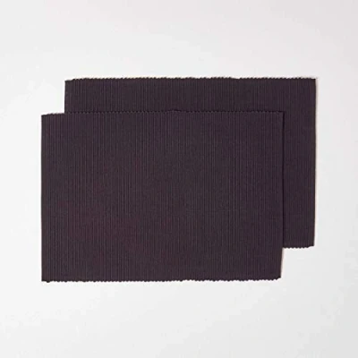 Image of HOMESCAPES Two Placemats Black 100% Ribbed Cotton 12 x 18 Inch (30 45 cm) Easy care Washable at 40 Deg C