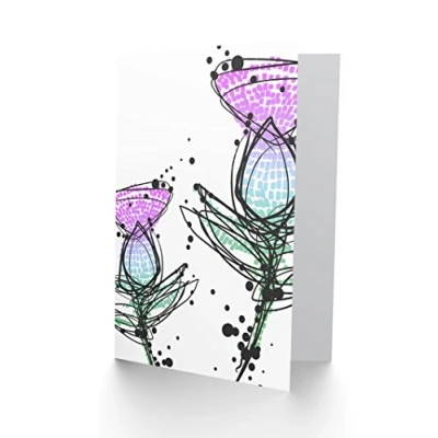 Image of Wee Blue Coo Scottish Thistle Head Flowers Ink Drip Design Scotland Greetings Card