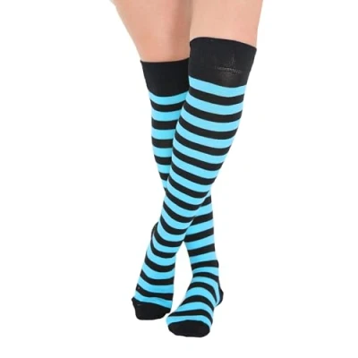 Image of Crazy Chick New Ladies Girls Stripe Stripy Striped Over The Knee Thigh High Long Socks Assorted Colours UK Size 4 6 (Black &amp; Turquoise)