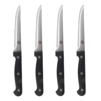 Image of MasterChef Steak Knives Set of 4, Hand Sharpened, Serrated Stainless Steel Blades measure 11cm (4.5in) with Traditional Black Triple Riveted Comfort Grip Handles, Dishwasher Safe 4pc Knife