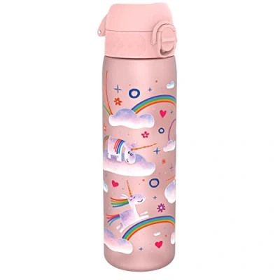 Image of Ion8 Water Bottle, 500 ml/18 oz, Leak Proof, Easy to Open, Secure Lock, Dishwasher Safe, BPA Free, Hygienic Flip Cover, Carry Handle, Clean, Odour Carbon Neutral, Unicorns Design