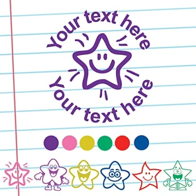Image of Smiley Star Teacher Stamper. Personalised/Custom Stamp. Self Inking, Reinkable, 22mm^. Choice Font, Colour, Image, Text