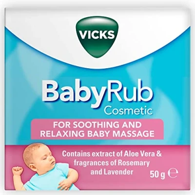 Image of Procter &amp; Gamble Vicks BabyRub Ointment, with Fragrances Of Rosemary and Lavender, for Soothing Relaxing Baby Massage Jar 50g