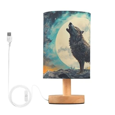 Image of JUMBEAR Table Lamp,Roaring Wolf Bedside Lamps Nightstand with Flaxen Fabric Shade for Bedroom Living Room,LED Bulb Included