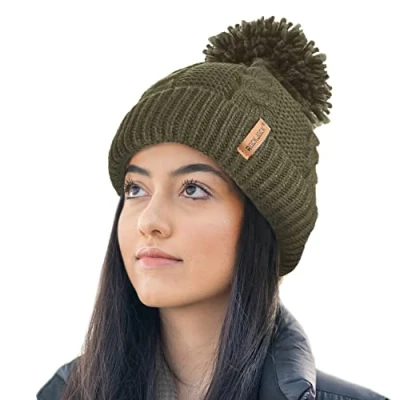 Image of RockJock Ladies STORMACTIVE 100% Waterproof Warm Cable Knit Winter hat with Pompom and Thermal Cosy Liner Olive