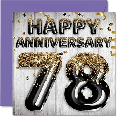 Image of Awesome 78th Anniversary Card for Husband Boyfriend Wife Girlfriend Black Gold Glitter Balloon Happy 78 Cards from Family, 145mm x Greeting Seventy Eighth Anniversaries