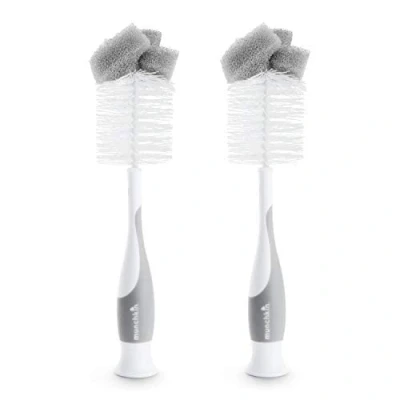Image of Munchkin 2 In 1 Sponge &amp; Baby Bottle Brushes for Cleaning Cleaner Brush Water Set Soft Reusable with Built Teat Dishwasher Safe Pack Grey