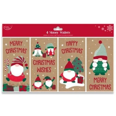 Image of Eurowrap North Pole Christmas Xmas Money Cash Gift Wallets &amp; Envelopes, Kraft Gonks Gnomes Pack of 4 (X34253MWC)