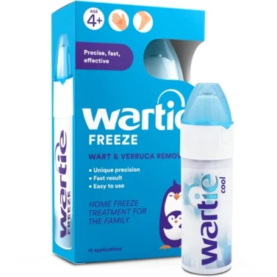 Image of Wartie Freeze Wart and Verruca Remover, Safe For Adults Children Aged 4+, Fast Acting Treatment Hands Feet, Contains 15 Applications, White, 50 ml (Pack of 1)