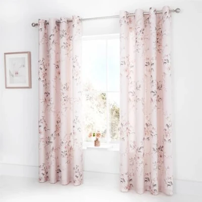 Image of Catherine Lansfield Canterbury Floral 66x72 Inch Lined Eyelet Curtains Two Panels Blush Pink