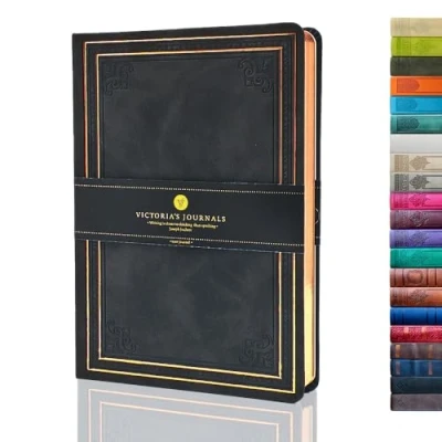Image of VICTORIA&#039;S JOURNALS Leatherette Vintage Journal Hard Cover Lined Notebook Old Looking Travel Diary Black, 5.7&#039;&#039; x 8.1&#039;&#039;