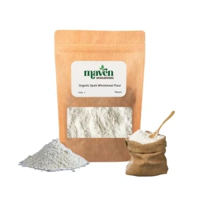 Image of Maven wholefoods Organic Spelt Wholemeal Flour 500g Raw GMO Free High Fibre &amp; Protein Certified Suitable for Vegetarian Vegan Packed Fresh in Resealable Bags (500g)