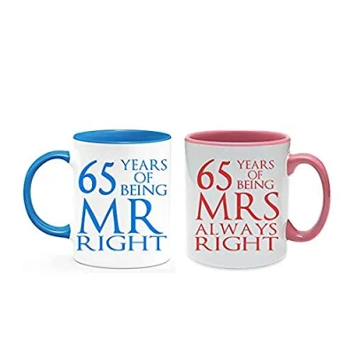 Image of Being Mr Right &amp; Mrs Always Set of 2 Wedding Anniversary, Valentines Day, Coloured Couple Mug Set. (65 Years)