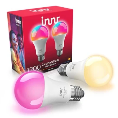 Image of Innr Zigbee E27 Smart Bulb, Works with Hue*, Alexa, SmartThings (Bridge Required), LED Light Bulbs White &amp; Colour, 16 Million Colours, 50% More Brightness, Screw Dimmable, 1210 Lumen 2 Pack