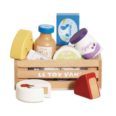 Image of Le Toy Van Wooden Eggs &amp; Dairy Crate with Pretend Milk and Cheese Role Play Food Shopping