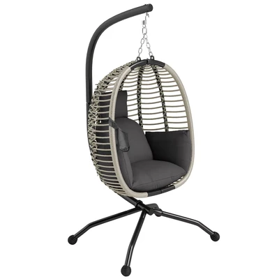 Image of Outsunny Outdoor Swing Chair with Thick Padded Cushion, Patio Hanging Metal Stand, Foldable Basket, Cup Holder, Rope Structure, for Indoor &amp; Outdoor, Dark Grey