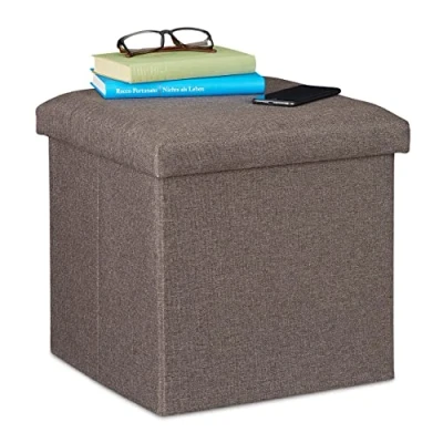 Image of Ottoman, Seat Stool with Storage Space, Fold, Upholstered, Square, Cube, HxWxD 37 x 37.5 cm, Grey/Brown Relaxdays